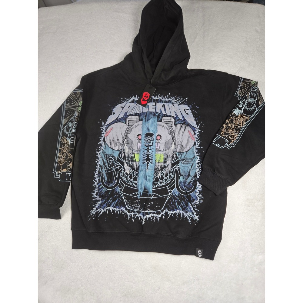Spaceking Black Graphic Hoodie Skeleton Mech Streetwear Fleece Sweatshirt Mens M